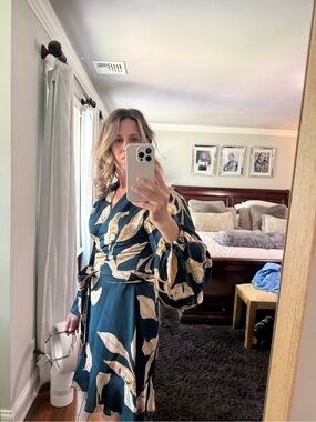 Banana Republic Teal Dress with Cream Leaf Print